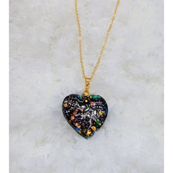 Black Heart-Shape Pendant with Holographic Glitter 10.5" Length One-of-a-Kind - Picture 4 of 7